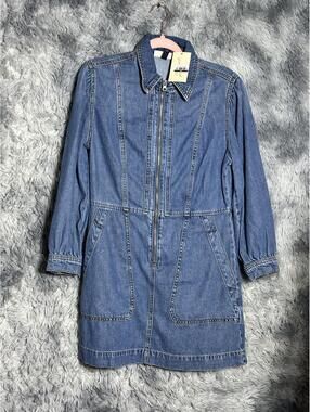 Denim Zip-Up Long Sleeve Dress with Pockets